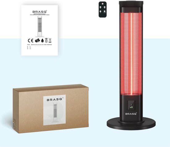 BRASQ Elektrischer Terrassenheizer stehend - 2000 Watt - 3 Heizstufen - Mit Fernbedienung und Timer - Infrarotheizung - Spritzwassergeschützt - Für innen und außen - Schwarz