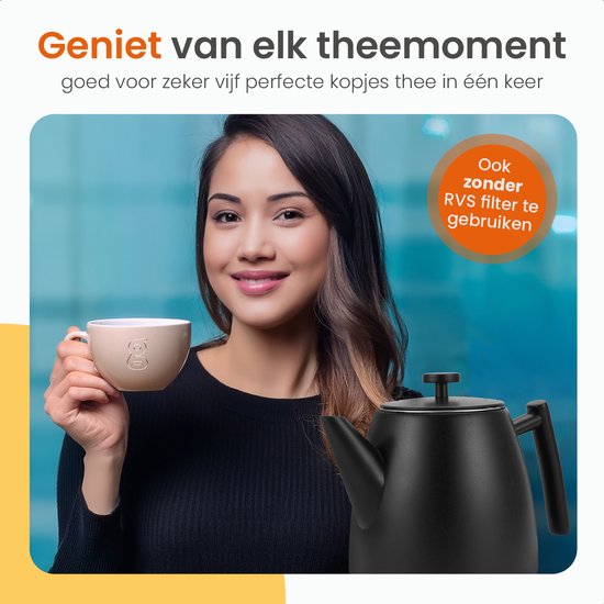 Goliving Teekanne mit Filter - 1 Liter - Teekanne - Doppelwandig - Edelstahl - Tee-Ei - Matt - Schwarz