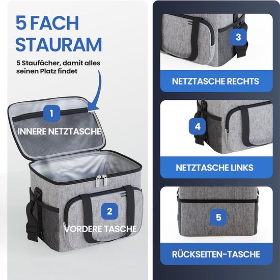 Kühltasche für Speisen und Getränke - isolierte Thermotasche auslaufsicher und wasserdicht - Frühstückstasche, Picknick-Lunch-Tasche, Thermotasche, hellgrau