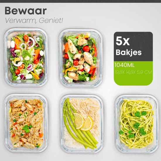 Savoré Küche Aufbewahrungsschalen Set - mit Dampf Deckel - Mahlzeit Prep Trays - Gefrierschrank Tabletts Glas - luftdicht - 5 Stück - 1040 ML