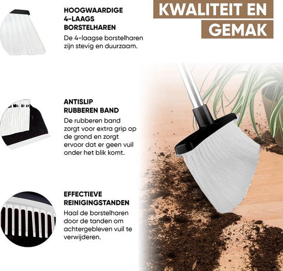 TTD® Kehrschaufel und Besen mit langem Stiel XXL - Verstellbar 54-263 cm - Besen - Besenstiel - Grau & Schwarz - Kehrschaufel und Besen - Kehrschaufel für drinnen und draußen - Integrierte Reinigungszähne