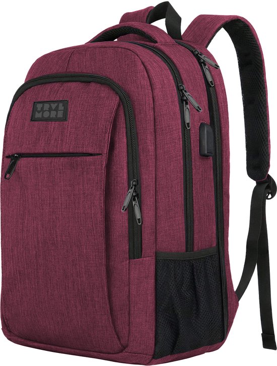 TRVLMORE Rucksack - Rucksack mit 17.3 Zoll Laptopfach - Schultasche - Spritzwassergeschützt - Männer und Frauen - Jungen und Mädchen - 36L - Burgunderrot