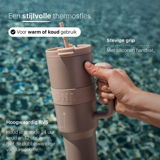 ONYX Trinkflasche mit Strohhalm 1 Liter - Wasserflasche für Kinder & Erwachsene - Thermoskanne Edelstahl Reisebecher - Motivationstrinker - Trinkbecher für die Schule - Sand Beige