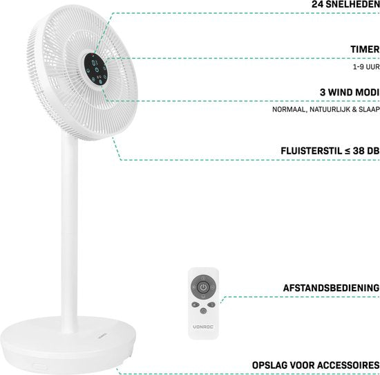 VONROC BREEZE Wireless Fan - Flüsterleise (<44 dB) - 24 Geschwindigkeitsstufen - leicht und tragbar - 3 Windmodi: Natural, Sleep, Normal - Modular: sowohl Tisch- als auch Bodenventilator - Luxus-Touch-Display - Inkl. Fernbedienung - Weiß