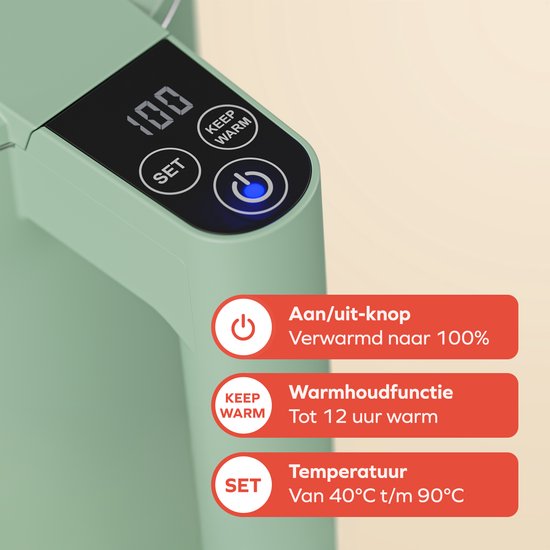 KitchenBrothers Wasserkocher - 1.7L - Mit Temperaturkontrolle - Elektrisch - Warmhaltefunktion - Display - Doppelwandig - Cool-touch - 2200W - Pastellgrün