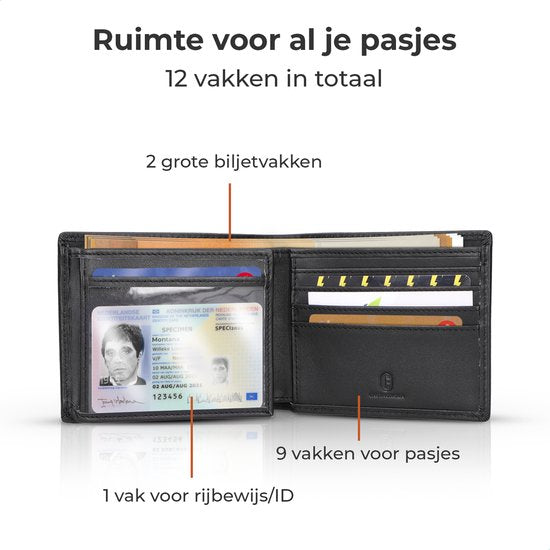 Castagnola Leder Brieftasche - Brieftasche Herren mit Kartenfächern - ohne Münzfach - 12 Karten und 2 Geldscheinfächer - Anti Skimming und Hacking