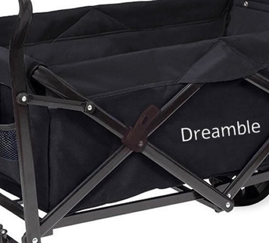 Dreamble® | Wagon | Grau | Bis zu 140KG | 120L | Zug- und Schiebefunktion | Dicke weiche Bodenmatte 4cm - für Kinder | Extra große Räder Ø20cm | Extra Stauraum | 130x110(LxH) | 2 Taschen außen, 1 Tasche innen mit Reißverschluss | Fußbremse | Schutzhülle