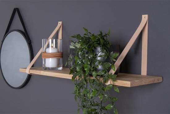 Wandregal blank Holz mit Leder 80x20cm