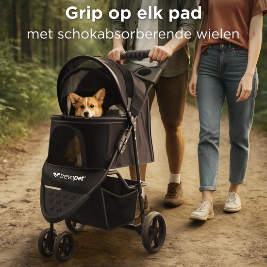 TrevoPet® Zusammenklappbarer Hundebuggy - für kleine und mittelgroße Hunde bis 15 kg - wasserabweisend mit Becherhalterung, Aufbewahrungskorb - Schwarz