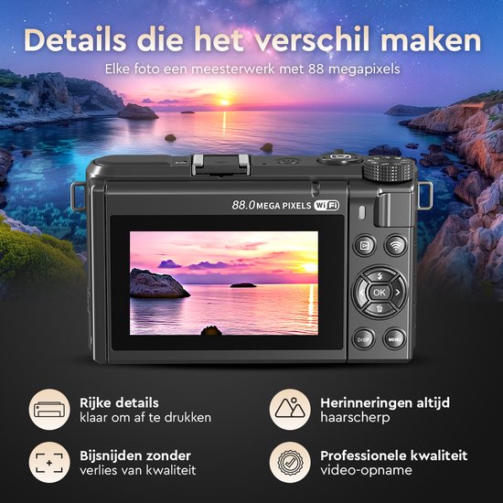 K&L - 8K 88MP - 18X Zoom - 128GB SD - WiFi - 3.0" UHD Display - Mikrofonanschluss - Fotokamera - Kompaktkamera - Vlog Kamera