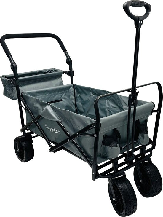 Dreamble® | Wagon | Grau | Bis zu 140KG | 120L | Zug- und Schiebefunktion | Dicke weiche Bodenmatte 4cm - für Kinder | Extra große Räder Ø20cm | Extra Stauraum | 130x110(LxH) | 2 Taschen außen, 1 Tasche innen mit Reißverschluss | Fußbremse | Schutzhülle