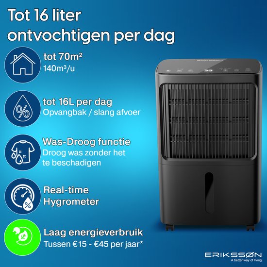ErikssÃ˜n Luftentfeuchter Dry Pro Plus - Entfeuchtet bis zu 16 Liter pro Tag - Waschtrockenfunktion - Geeignet für Schlafzimmer, Badezimmer, Wohnzimmer und Keller - Luftentfeuchter - Schwarz