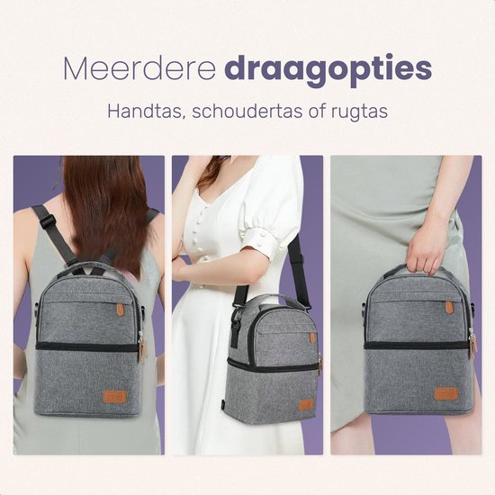 Qwali Kühltasche Muttermilch - Inkl. 2 Kühlelemente - Schulter & Rucksack - Aufbewahrungsflaschen - Stillen - Baby - Kühlrucksack - Milchpumpe - Grau