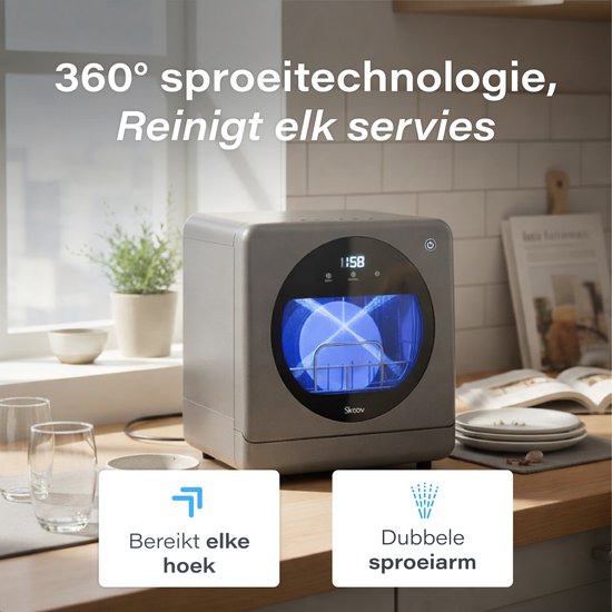 Skoov Mini-Geschirrspüler mit Wassertank - 5 Gedecke - 6 Spülprogramme - 45 × 44 × 46 cm - Grau