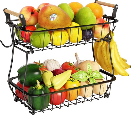 Posity Fruit Bowl 2 Layer - Obstkorb - Obst Etagere - Gemüsekorb - Drahtkorb - Mit Bananenhalter - Holz & Metall - Schwarz