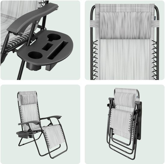 LifeGoods Faltbarer Gartenstuhl - Gartenliege - 30°-90° verstellbar - Metall - Hellgrau