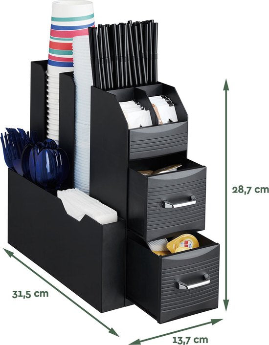 BRASQ Kaffee- und Tee-Organizer Schwarz - Platzsparender Küchen-Organizer mit 9 Fächern & 2 Schubladen - Coffee Station