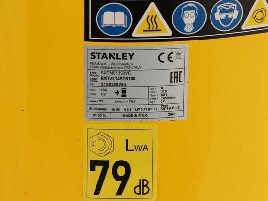 Stanley Kompressor, ölfreier Luftkompressor, geräuscharmer Kompressor, vertikal, 1 PS, 8 bar, Tankinhalt 50 L