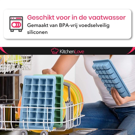 KitchenLove Silikon Eiswürfelform mit Deckel (2 Stück) - 56 Eiswürfel - Quadratisch - BPA frei - 100% Silikon - Grün & Blau