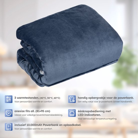 Kapuzendecke - Beheizt - 3 Stufen - Snuggle Hoodie - Beheizter Kapuzenpullover - Snuggle - 10k mAh Batterie - Einheitsgröße - Blau - Saaf Comfort