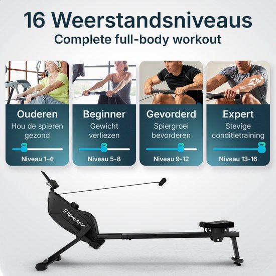 Flowsense Rudergerät - Rudergerät - Leise - Magnetisches Rudergerät Fitness - Rudergerät 16 Widerstandsstufen - LCD Monitor