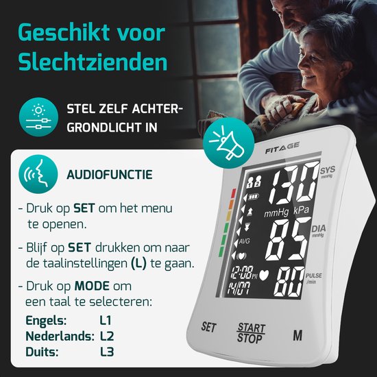FITAGE Medical Oberarm-Blutdruckmessgerät - Blutdruckmessgeräte - Herzfrequenzmessgerät - Blutdruckmessgerät - Manschette 22-42cm - WEISS