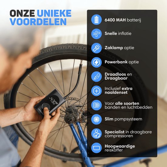 Vulpes Goods® Tech - Tragbare Kompressor-Reifenpumpe - 6400mAh - Elektrische Fahrradpumpe - Luftkompressor für Auto, Roller, Fahrrad, Ball und Luftbett - Inkl. 7 Aufsätze - Taschenlampe - Powerbank - Reiseetui - PRO