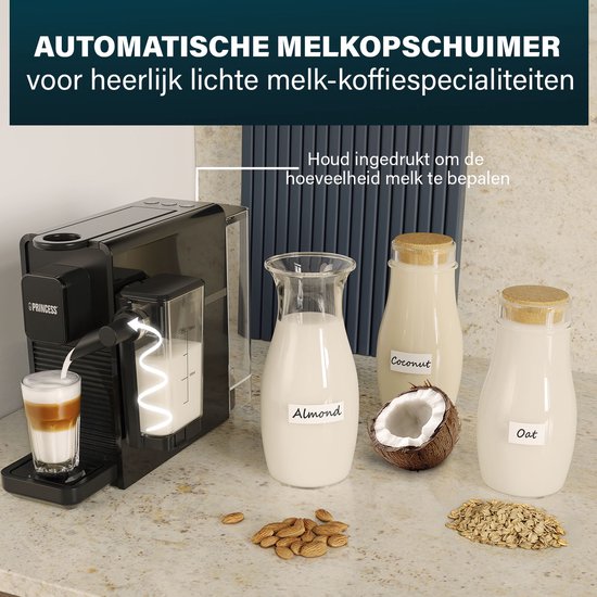 Princess Kapsel-Kaffeemaschine mit Milchaufschäumer - 249455 - Geeignet für Nespresso - 20 Bar - Espresso, Cappuccino & Latte - Kompakt - Automatisches Milchsystem - 1400 W
