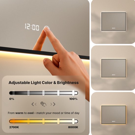 Mirlux Badezimmerspiegel mit LED-Beleuchtung & Heizung - Rechteckiger Wandspiegel - Anti-Kondensations-Duschspiegel - 80x60CM - Schwarz