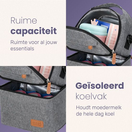 Qwali Kühltasche Muttermilch - Inkl. 2 Kühlelemente - Schulter & Rucksack - Aufbewahrungsflaschen - Stillen - Baby - Kühlrucksack - Milchpumpe - Grau