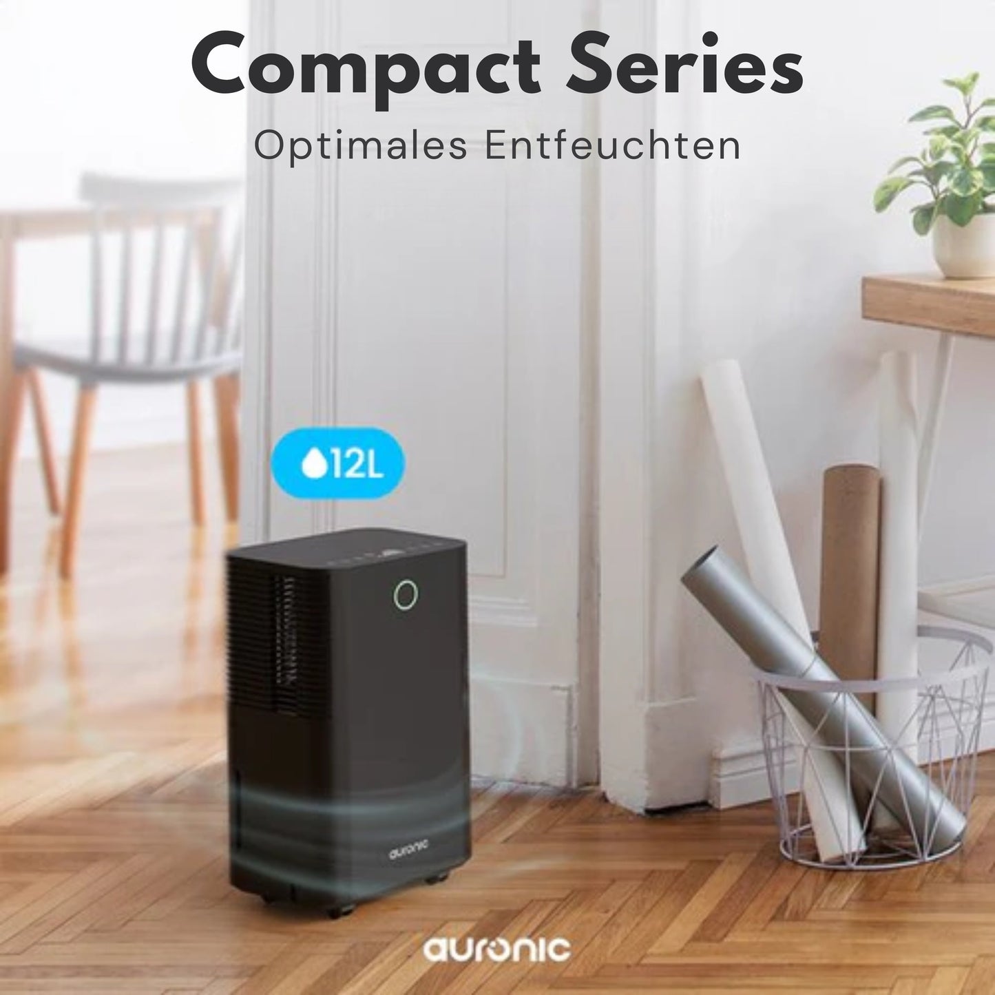 Auronic Luftentfeuchter - Compact Series - 12L pro Tag - Waschtrockenfunktion - Schlafzimmer, Badezimmer und Wohnzimmer - Feuchtigkeitsentferner für den Haushalt - Schwarz