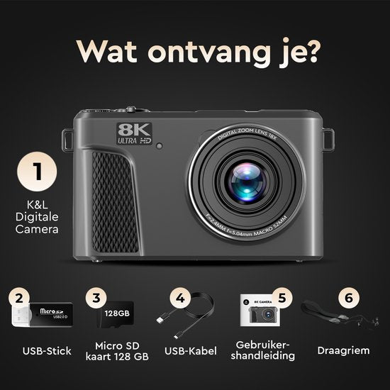 K&L - 8K 88MP - 18X Zoom - 128GB SD - WiFi - 3.0" UHD Display - Mikrofonanschluss - Fotokamera - Kompaktkamera - Vlog Kamera