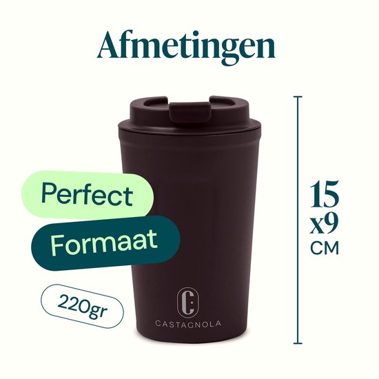Castagnola Thermosbecher - Kaffeebecher To Go - Reisebecher für Kaffee und Tee - Teebecher - 380 ML - Edelstahl - Dunkelbraun