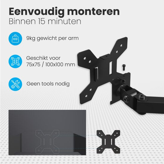 Auronic Monitorarm - Für 2 Bildschirme - 13 bis 27 Zoll - Drehbar, neigbar und schwenkbar - Stahl - Schwarz