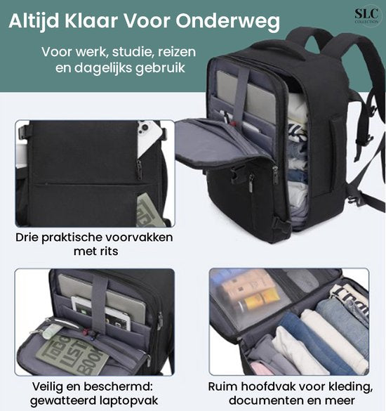 SLC-Collection – Schwarz – Rucksack – 25 Liter - Transavia - Handgepäck - 40 x 30 x 20 cm - 14-Zoll-Laptop - USB-Anschluss - Laptoptasche - Damen - Herren - Reisetasche – Koffer - 10XS