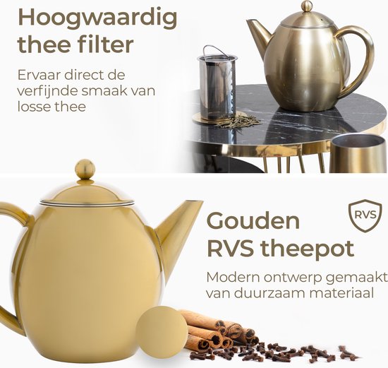 Vaja® Teekanne Valerie Gold - Doppelwandig - 1,2 Liter - Edelstahl-Teekanne mit Filter & Heißhalterung