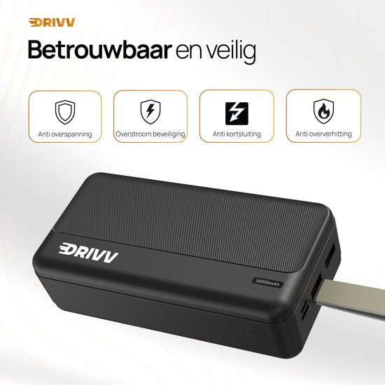 Drivv. Powerbank 30.000 mAh - 22,5 W Schnellladegerät - USB 3.0 - USB-C - Micro USB - Schwarz