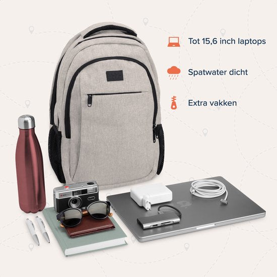 TRVLMORE Rucksack mit Lifetime - Rucksack mit 15.6 Zoll Laptopfach - Schultasche - Spritzwassergeschützt - Männer und Frauen - Jungen und Mädchen - 28L - Champagner