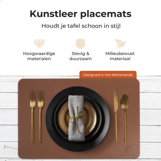 Castagnola Tischsets in Lederoptik - Rutschfeste Tischsets aus Kunstleder - Wasserabweisende Untersetzer - Untersetzer - 6 Stück - 45 x 30 cm - Braun