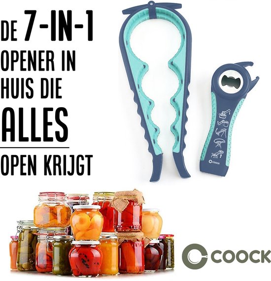 COOCK - Allzwecköffner - 7-in-1 Topföffner - Küchenhelfer - Flaschenöffner - Bieröffner - XL-Deckelöffner für Gläser - Glasöffner - Hilfsmittel für ältere Menschen - Blau