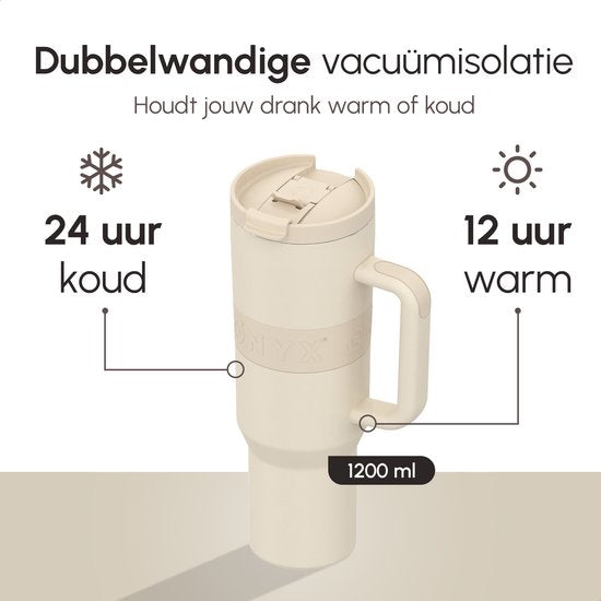 ONYX Trinkflasche mit Strohhalm 1,2 Liter - Wasserflasche für Kinder & Erwachsene - Thermosbecher Reisebecher - Motivationstrinker - Trinkbecher für die Schule - Beige