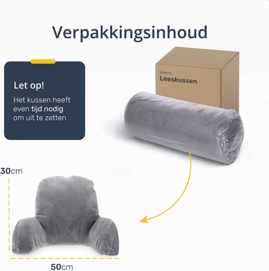 Lesekissen - Fürs Bett - Mit 3 Taschen - Rückenkissen Sofa - Sitzkissen - Lendenwirbel - Rückenkissen unterer Rücken - Lesen - Kissen - Stütze - Bücher - Buch - Sitz - Grau