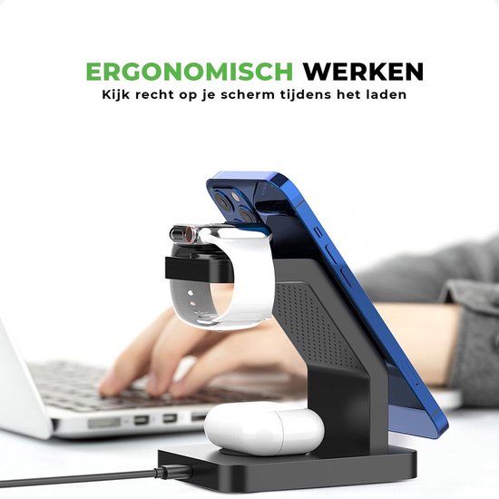 iSETCHI - Kabelloses Qi & Magsafe Ladegerät 3-in-1 - 15 Watt - Schwarzer Kunststoff - Inklusive QC 3.0 Adapter - Für iPhone, Apple Watch & Airpods - Organisierter Arbeitsplatz