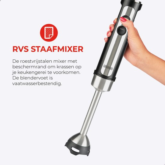 Bourgini Stabmixer - 4-tlg. Leistungsstarkes Stabmixer-Set aus Edelstahl -20 Geschwindigkeiten - Schneebesen - Zerkleinerer 600ml - Messbecher 800ml - 1500W