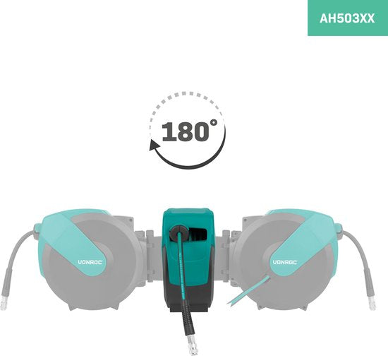 VONROC PRO Automatik-Luftschlauchaufroller - Luftaufroller - Inkl. 15 Meter Luftschlauch, 1 Meter Versorgungsschlauch und Wandbefestigungskit - 17 bar/250 PSI - Universal EURO/DIN 7,2mm Kupplung