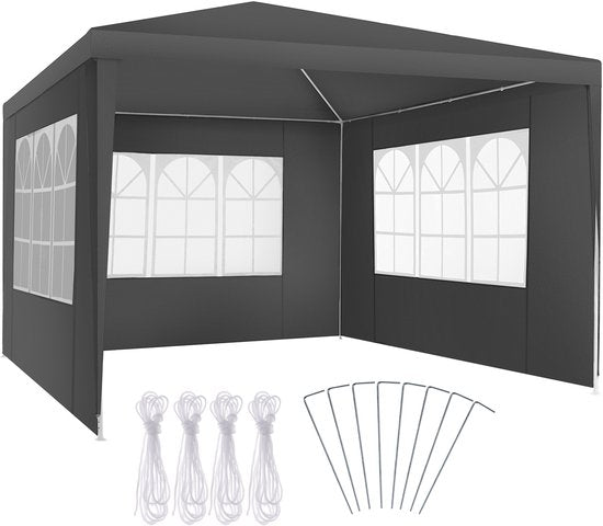 tectake - Pavillon Barinas - Partyzelt 3x3 m - Wasserdichte Plane mit 3 abnehmbaren Seitenwänden - Wetterfester Gartenpavillon - Inklusive Spannleinen und Heringe - Grau