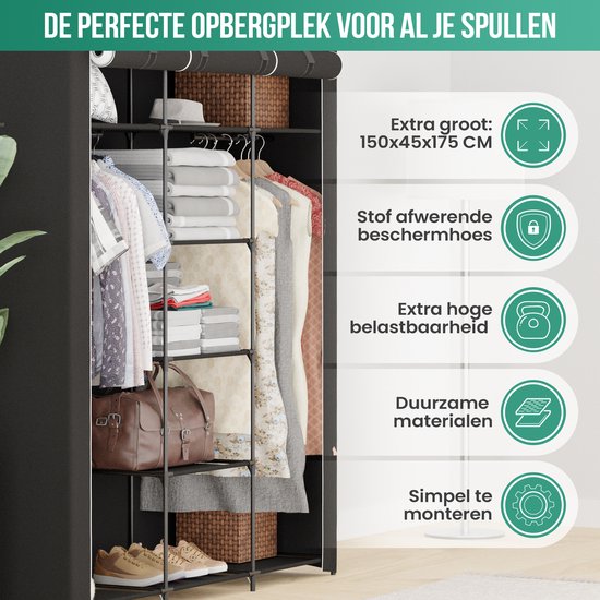 Avalo Wardrobe Fabric Foldable XXL - 150x45x175 CM - Kleiderschrank - Schlafzimmer Kleiderschrank - Schwarz