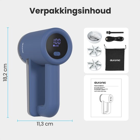 Auronic Electric Lint Remover Pro - Fusselentferner - Akkulaufzeit 120 Minuten - Wiederaufladbar - LED-Anzeige - Entlaubungsgerät - Blau