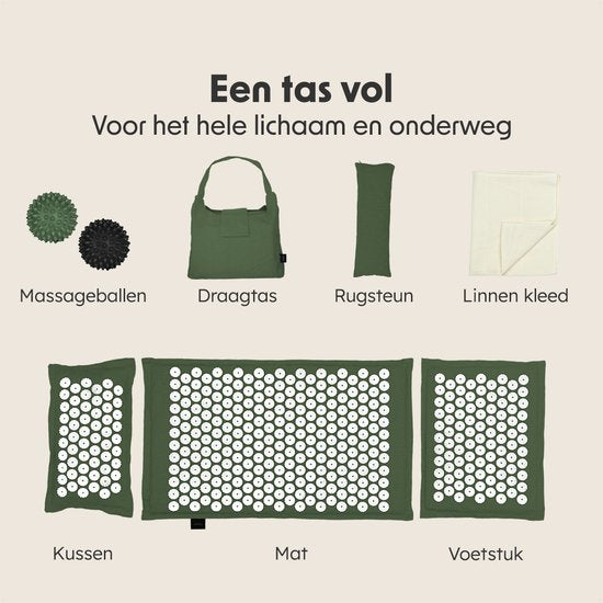 LifeGoods Akupressurmatte Eco - Komplettset - Kissen / Tragetasche / 2x Triggerpunktball - Shakti-Matte - Nagelmatte - 72x43x2cm - Grün/Weiß