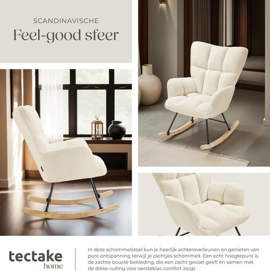 tectake Schaukelstuhl Torve - Gepolsterter Bouclé-Stoff-Schaukelstuhl im Scandi-Stil - Entspannungssessel mit Holzgleitern, weicher Polsterung und hoher Rückenlehne für optimalen Komfort - 70 x 96 x 97 cm - Beige